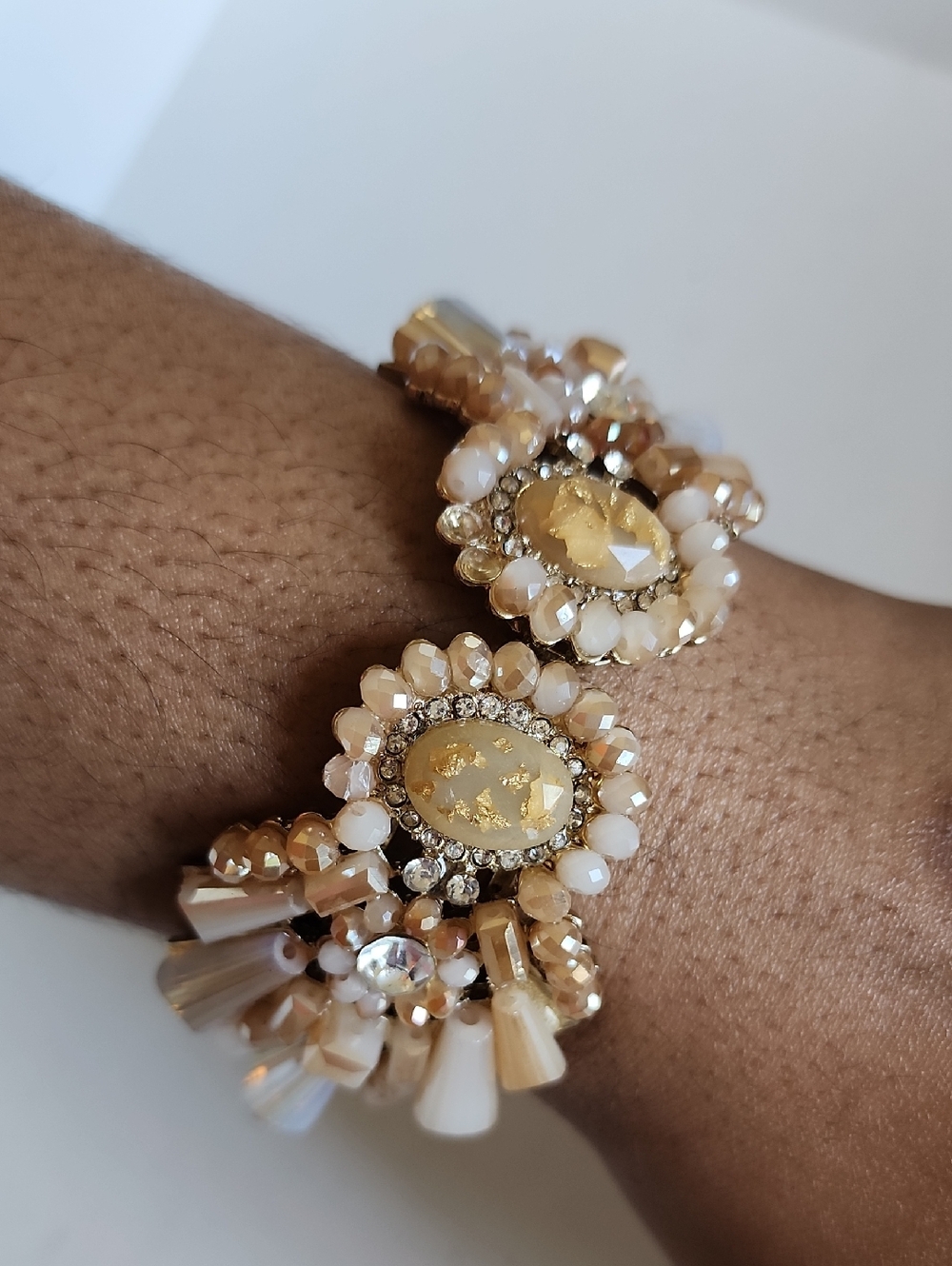 White Beaded Hinged Bangle Bracelet Gold Tone Statement Cuff